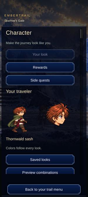 Character screen: buttons for Your look, Rewards and Side quests, with the traveler in a green cloak and a portrait.