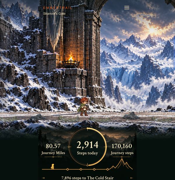 The Embertrail home screen at Skarrow's Gate: a pixel traveler stands before a snowy stone gate, above a glowing ring showing steps today, journey miles and journey steps.