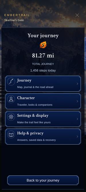 Your journey menu: total journey miles and today's steps, with Journey, Character, Settings and display, and Help and privacy.