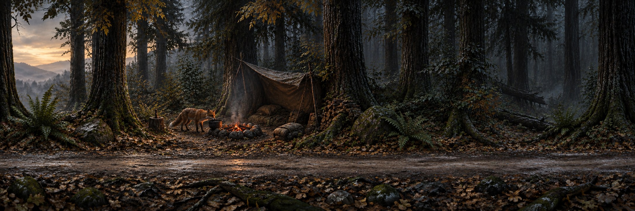 A warm campfire and canvas shelter beneath the trees at Eaves Camp.