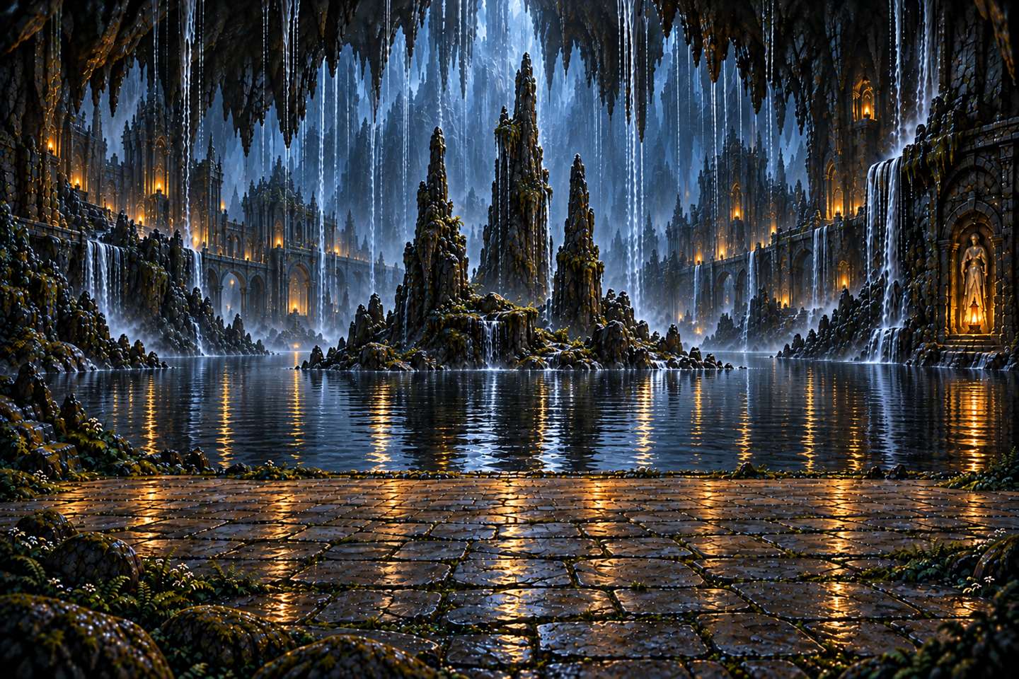 An underground lake beneath dripping stone spires, lit by lanterns along carved halls.
