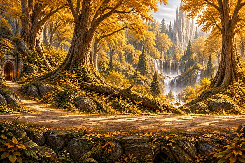 A sunlit path through golden autumn woods toward waterfalls and pale spires.