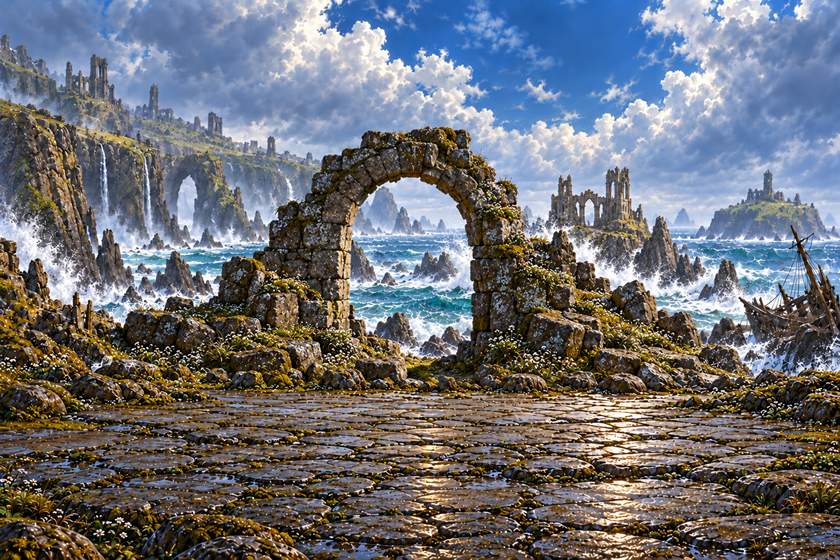 A ruined stone arch on a wet coastal causeway, with breaking waves and island ruins beyond.